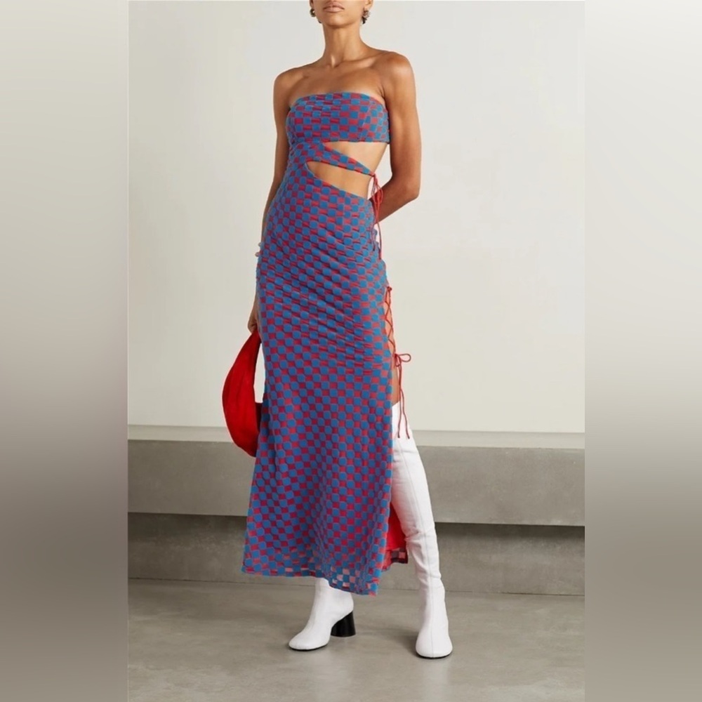 BNWT Rotate Birger Christiensen Malena Strapless Cutout Mesh & Velvet Maxi Dress